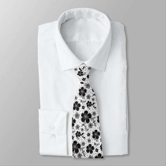 Black and White Floral Print Tie (Tied)