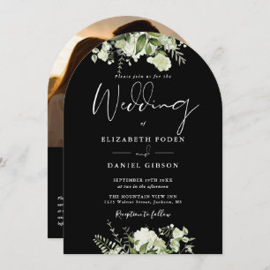 Black and White Floral QR Code Photo Arch Wedding Invitation