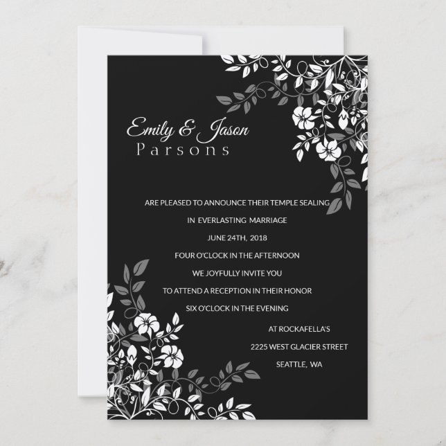 Black and White Floral Reception Invitation (Front)
