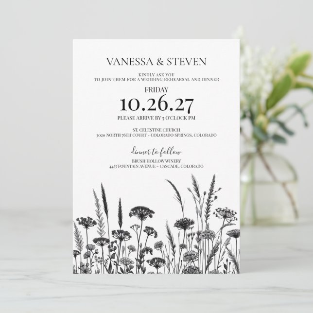 Black and White Floral Rehearsal Dinner Invitation (Standing Front)