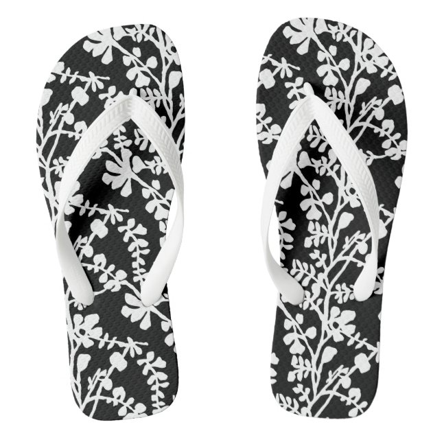 Black And White Floral Repeating Pattern Jandals (Footbed)
