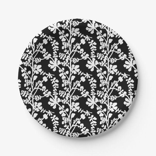 Black And White Floral Repeating Pattern Paper Plate (Front)