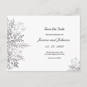 Black and White Floral Save the Date PostCard