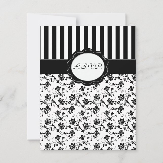 Black and White Floral Stripe R.S.V.P. Card (Front)