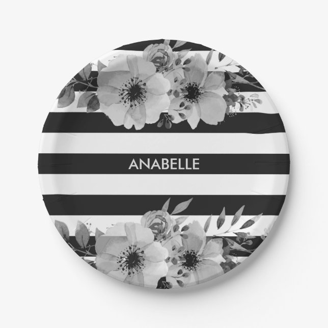 Black and White Floral Stripes Paper Plate (Front)