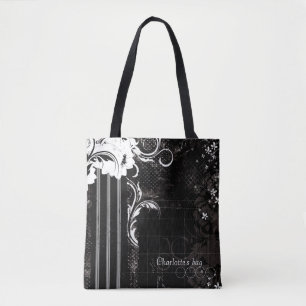 Black and White Floral Stripes Tote Bag