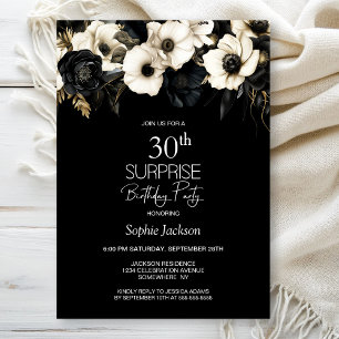Black and White Floral Surprise 30th Birthday Invitation