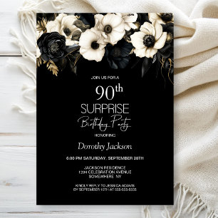 Black and White Floral Surprise 90th Birthday Invitation