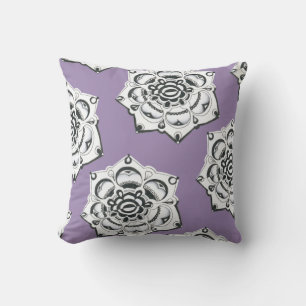 Black and White Floral Symmetry Dusty Lilac Cushion