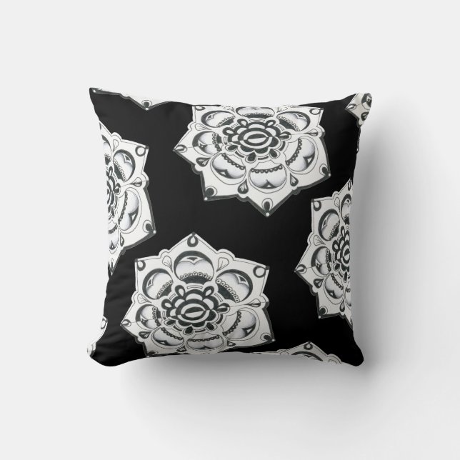 Black and White Floral Symmetry Monochrome Cushion (Front)