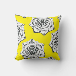 Black and White Floral Symmetry Yellow Cushion