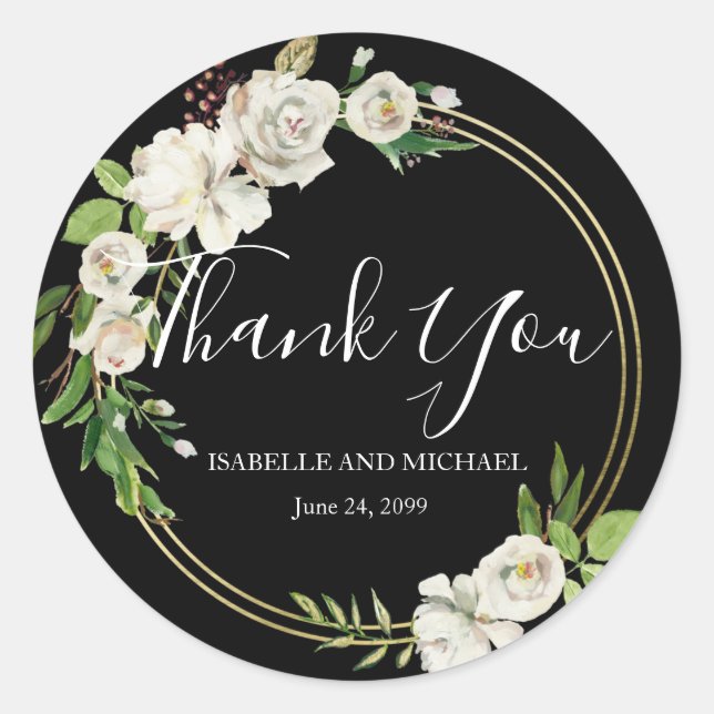 Black and White Floral Thank You Wedding Classic Round Sticker (Front)