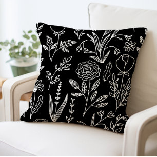 Black and White Floral Throw Pillow