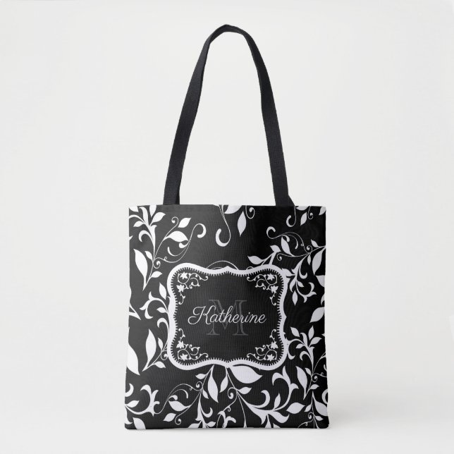 Black and White Floral Tote Bag (Front)