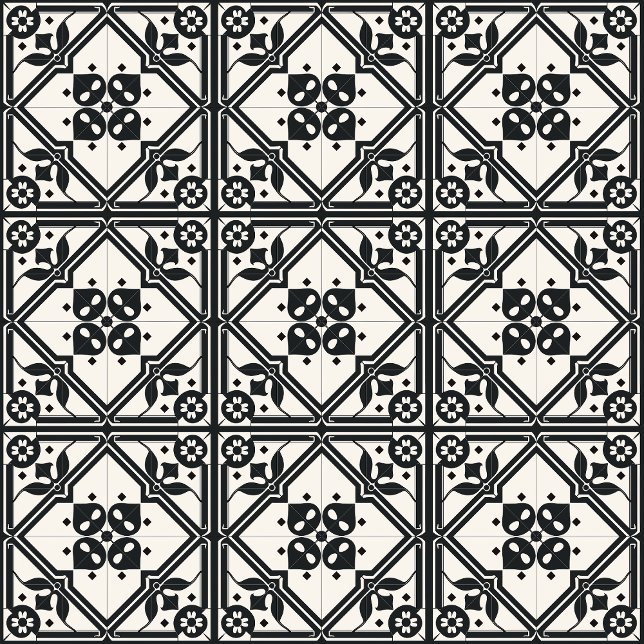 Black and White Floral Vintage Tile (Elegant Tile Pattern - 3 x 3 tiles with black grout )