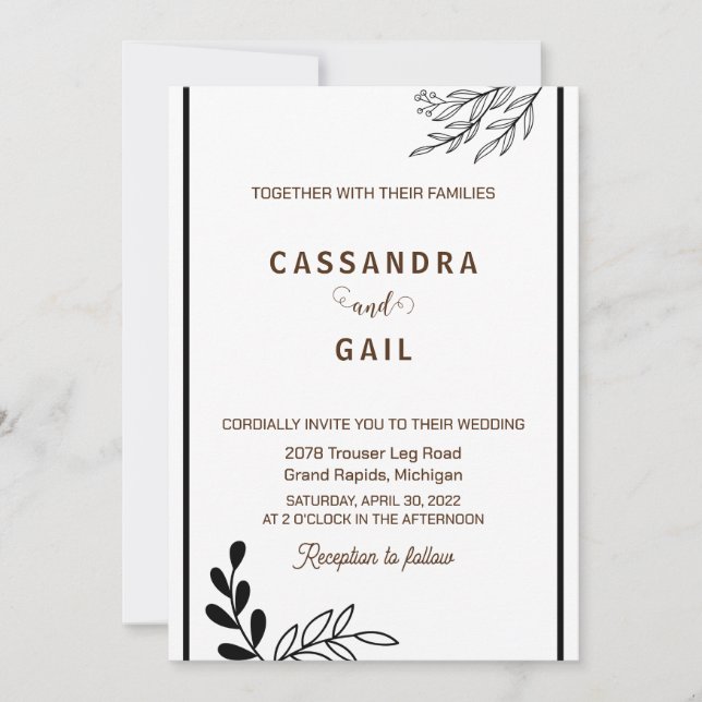Black and White Floral Wedding Invitation (Front)