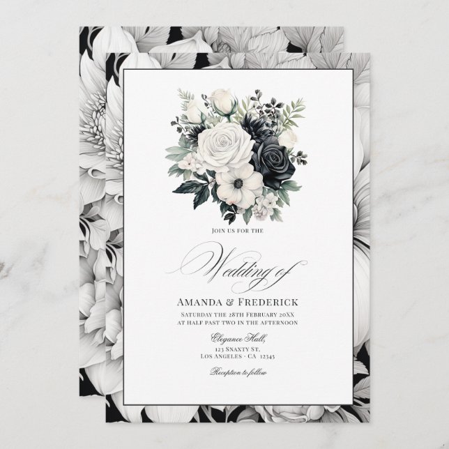 Black and White Floral Wedding Invitation (Front/Back)