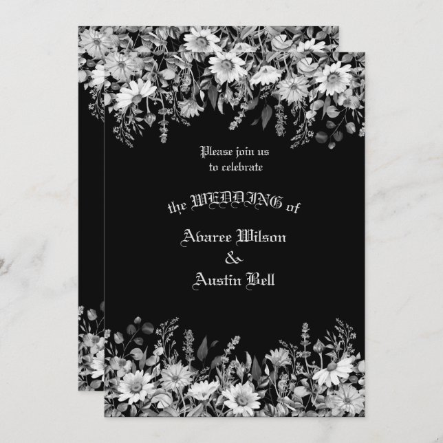 Black and White Floral Wedding Invitation (Front/Back)