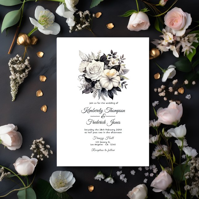 Black and White Floral Wedding Invitation (Black and White Wedding)