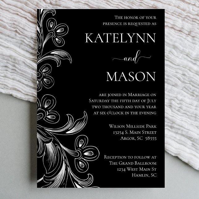 Black and White Floral Wedding Invitation (Simple Floral Black and White Elegant Hand Drawn Florals)