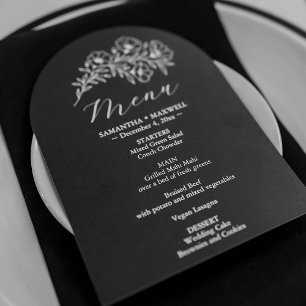 Black and White Floral Wedding Menu Invitation