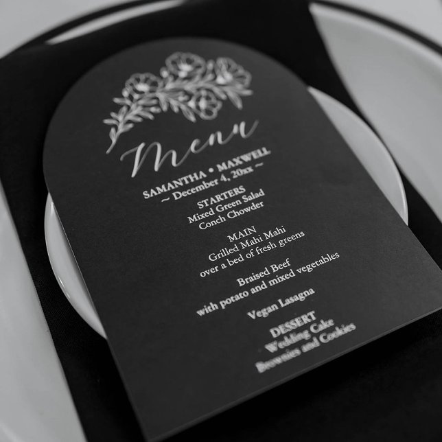 Black and White Floral Wedding Menu Invitation (Black and white wedding stationery features a menu card by Do Tell A Belle)
