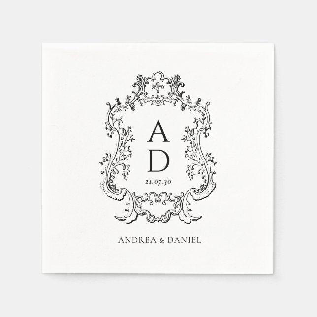 Black and White Floral Wedding Monogram  Napkin (Front)