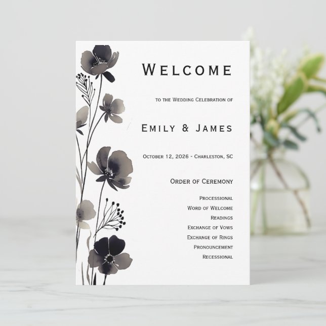Black and White Floral Wedding Programme (Standing Front)