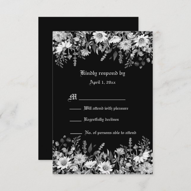 Black and White Floral Wedding RSVP (Front/Back)