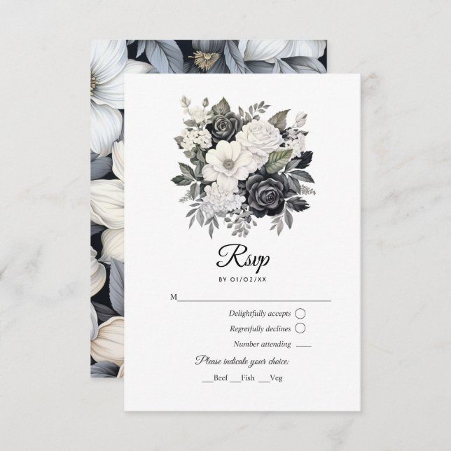 Black and White Floral Wedding RSVP Card (Front/Back)