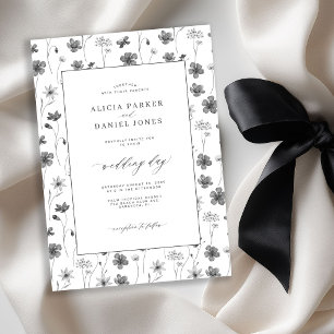Black and white floral wildflower garden wedding invitation
