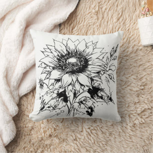Black and white floral Wildflowers Cushion