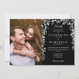 Black And White Floral Wildflowers Photo Wedding Invitation