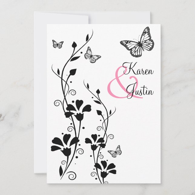 Black and White Floral with Butterflies on Linen Invitation (Front)
