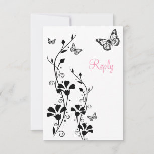 Black and White Floral with Butterflies Reply Card