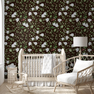 Black and White Floral with Green Leaves Wallpaper