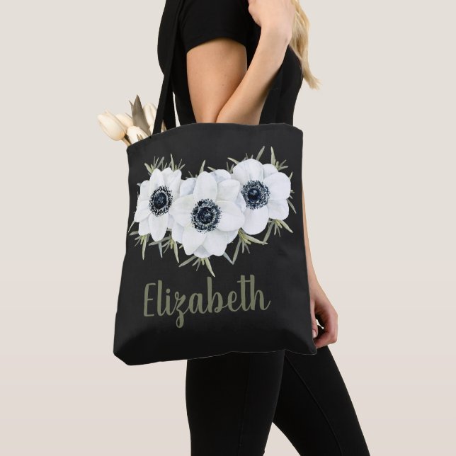 Black and White Floral with Name Tote Bag (Close Up)