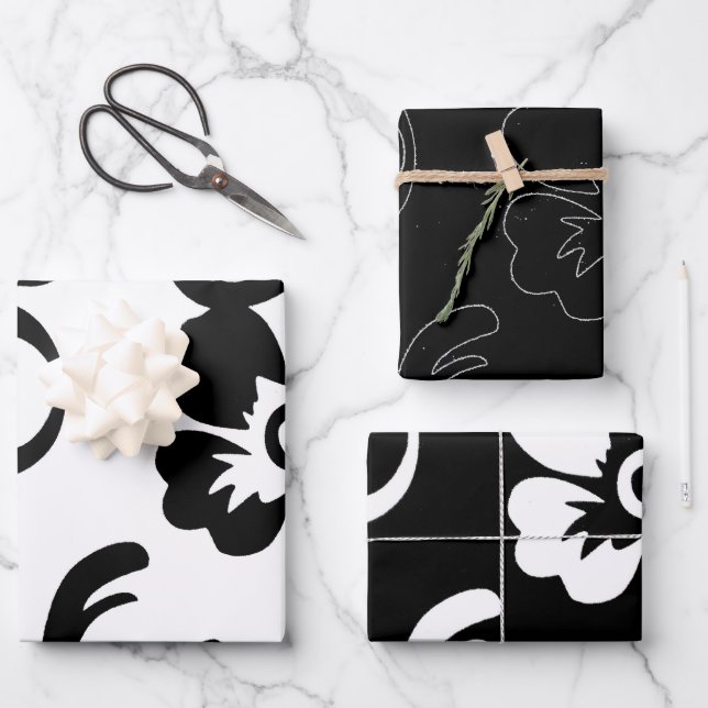 Black and White Floral Wrapping Paper Sheet (Front)
