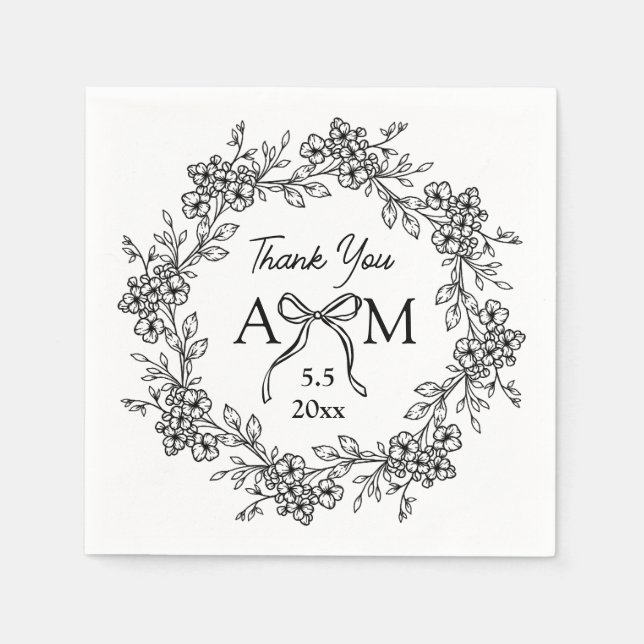 Black and White Floral Wreath Bow Monogram Wedding Napkin (Front)