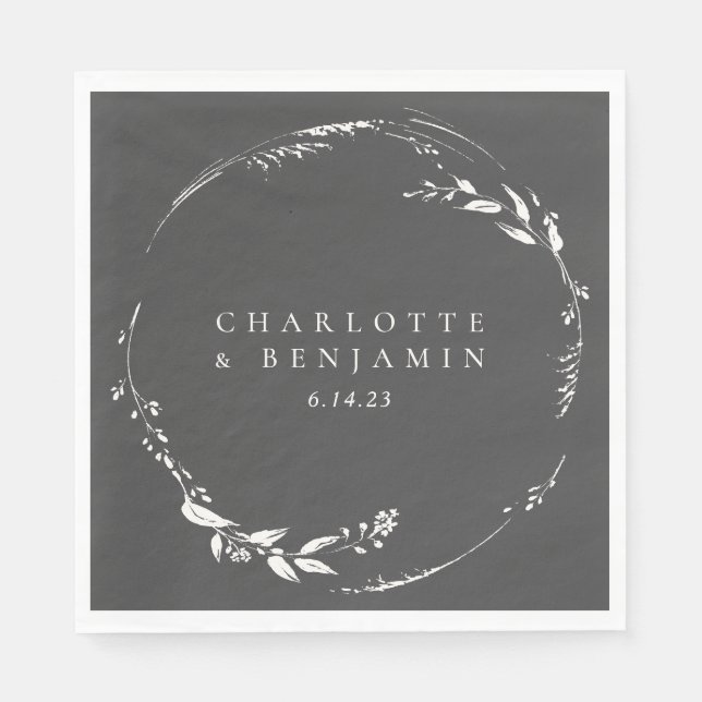 Black and White Floral Wreath Monogram Custom  Napkin (Front)