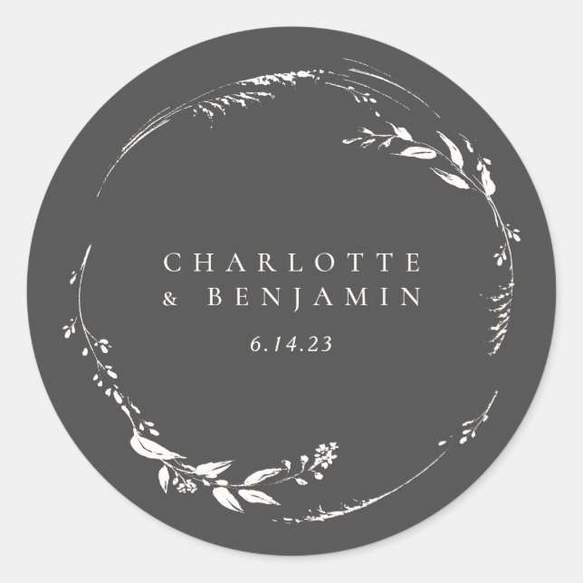 Black and White Floral Wreath Monogram Name Classic Round Sticker (Front)