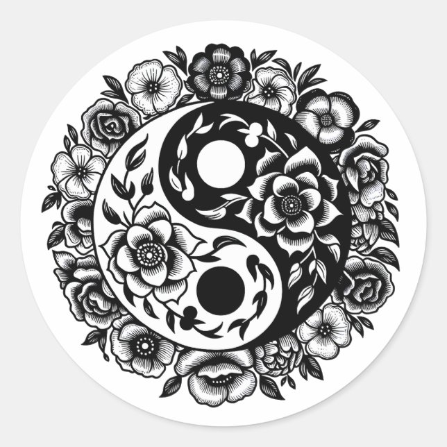Black and White Floral Yin Yang   Classic Round Sticker (Front)
