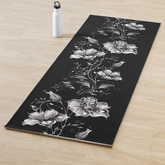 Black and White Floral Yoga Mat