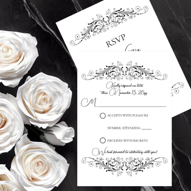 Black and White Flourish Elegance RSVP (Black and White Flourish Elegance RSVP card to let your guests respond to your wedding invitation.)