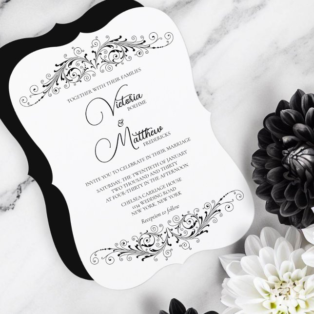 Black and White Flourish Elegance Wedding Invitation (Black and white elegance for a beautiful wedding with a color scheme that can be done any season.)