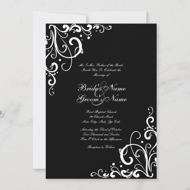 Black and White Flourish Wedding Invitation (Front)