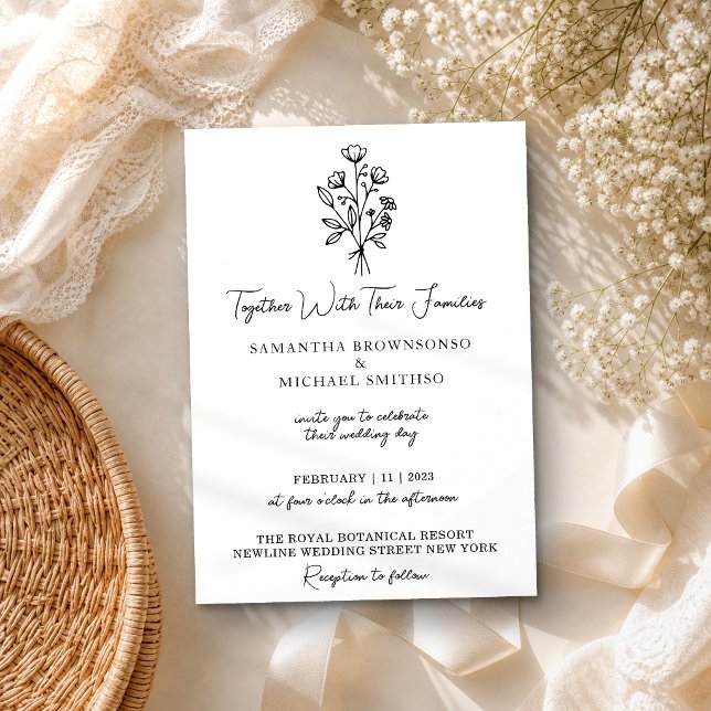Black and White Flower Bouquet Boho Minimal Invitation (Creator Uploaded)
