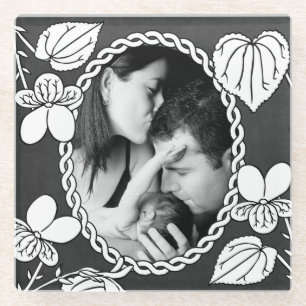 Black and White Flower Custom Oval Photo Glass Coaster