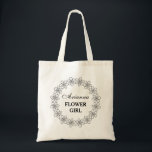Black and white flower girl wedding tote bag<br><div class="desc">Personalised black and white flower girl wedding tote bag. Personalizable name with stylish typography. Cute for elegant wedding party and chic bridal shower. Can also be used for bridesmaids, maid of honour, matron of honour, mother of the bride, children etc. Customisable background colour. Make one for daughter, granddaughter, cousin, family...</div>