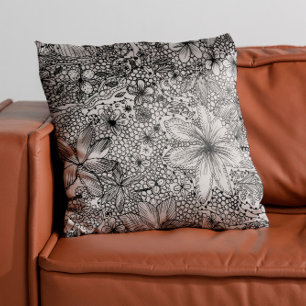 Black and White Flower Hand Drawn Floral Sketch Cushion